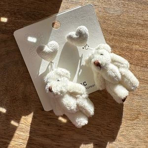 Cream Fluffy Teddy Bear Heart Dangle Earring